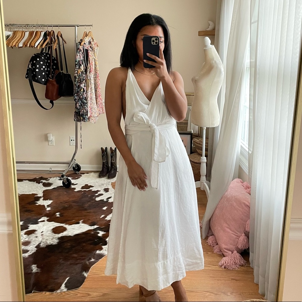 Reformation Maggie White Linen Open Back Wrap Dress  Size Small